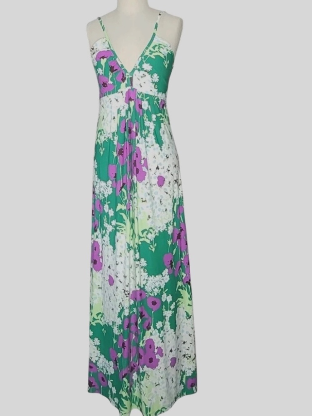 Free People Green/Purple Floral Spaghetti Straps Deep V-Neck Maxi Dress - size S